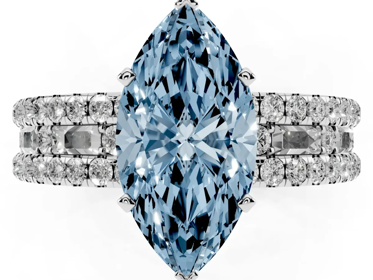 Fancy Blue Marquise Cut Diamond Solitaire Ring with Pavé and Channel Set Band Silver