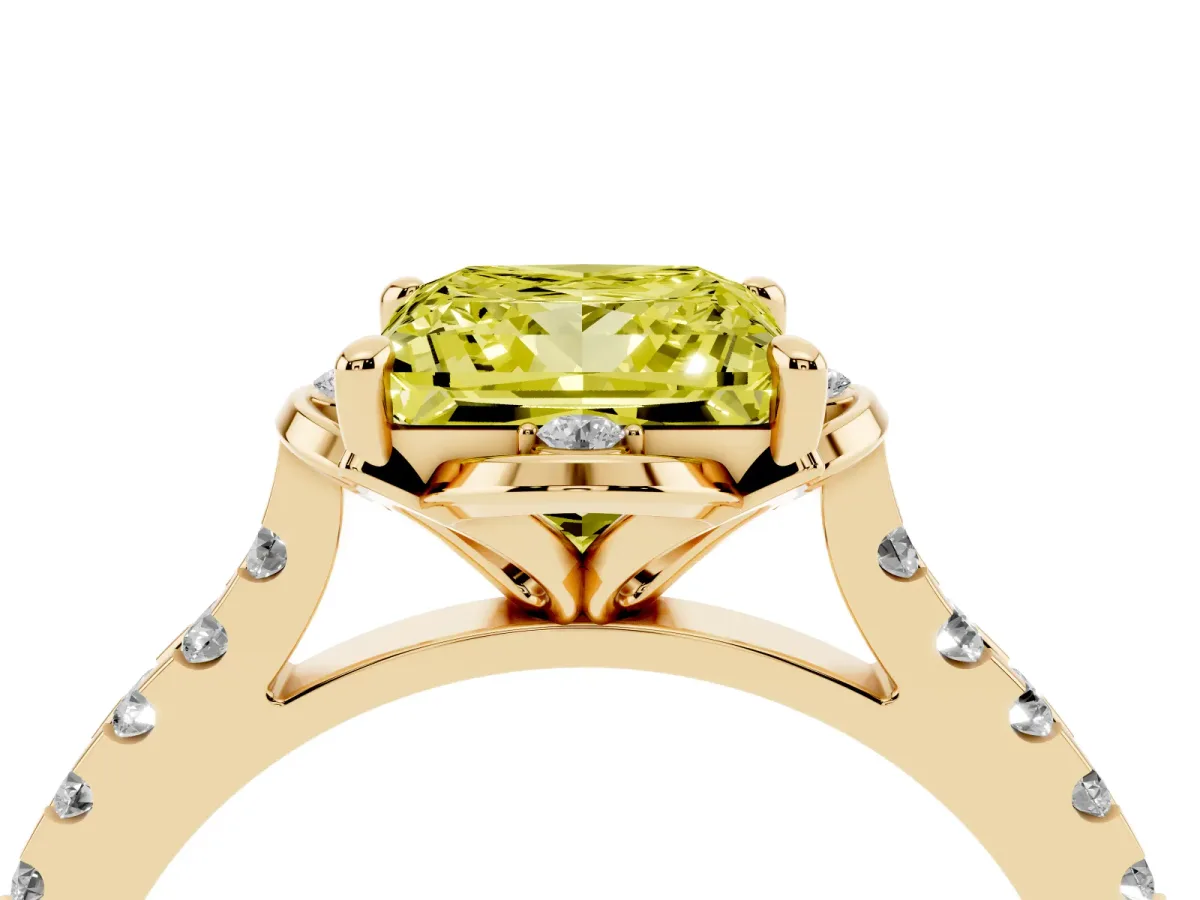 Fancy Yellow Princess Cut Diamond Ring with Pavé Band and Floral Prong Setting Yellow gold