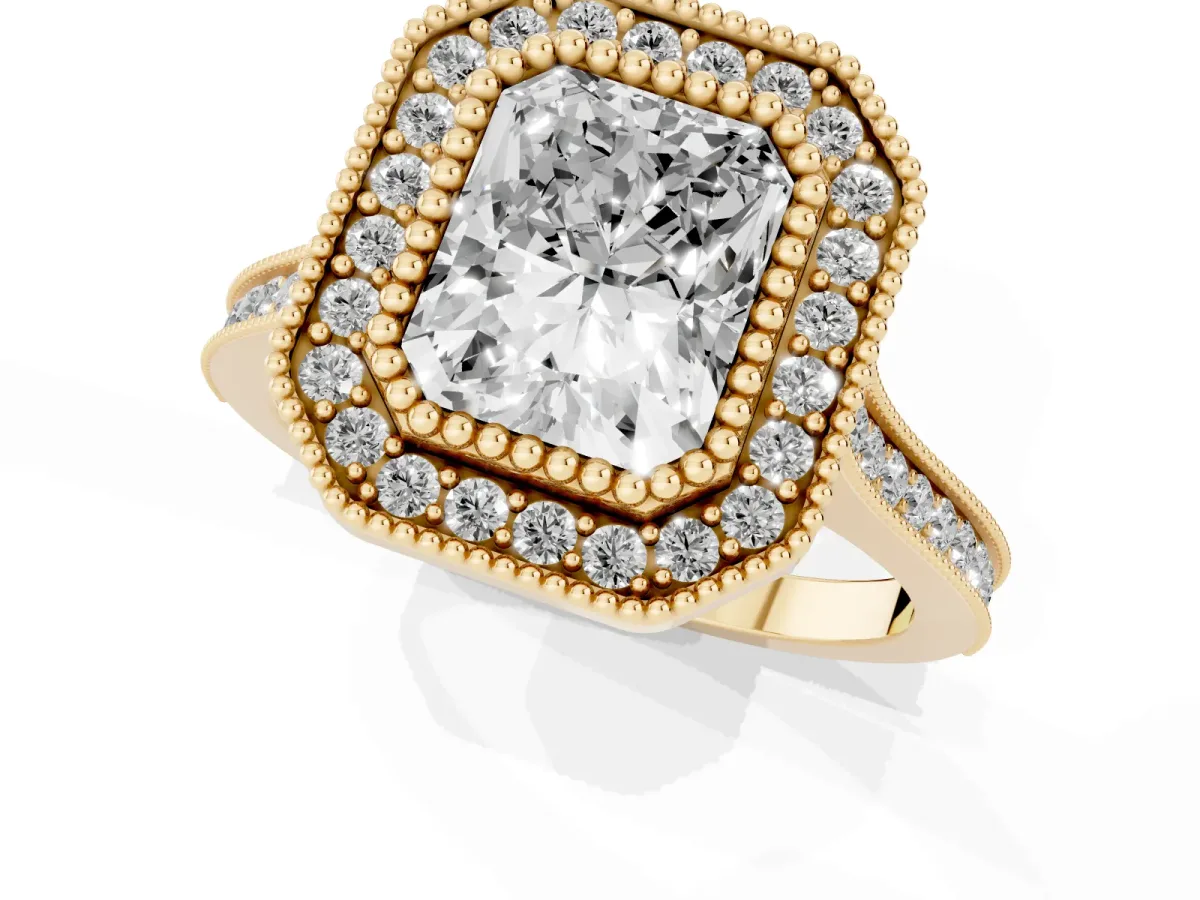 Radiant Cut Diamond Halo Ring with Milgrain Frame and Pavé Band Yellow gold
