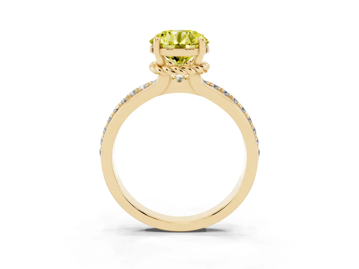 Fancy Yellow Round Cut Solitaire Diamond Ring with Channel Set Band and Six-Prong Setting Yellow gold