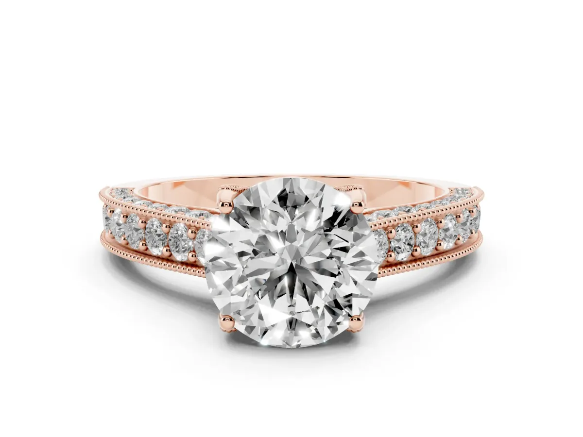 Round Cut Cut Diamond Solitaire Ring with Milgrain Pave Band and Four Prong Setting Rose gold