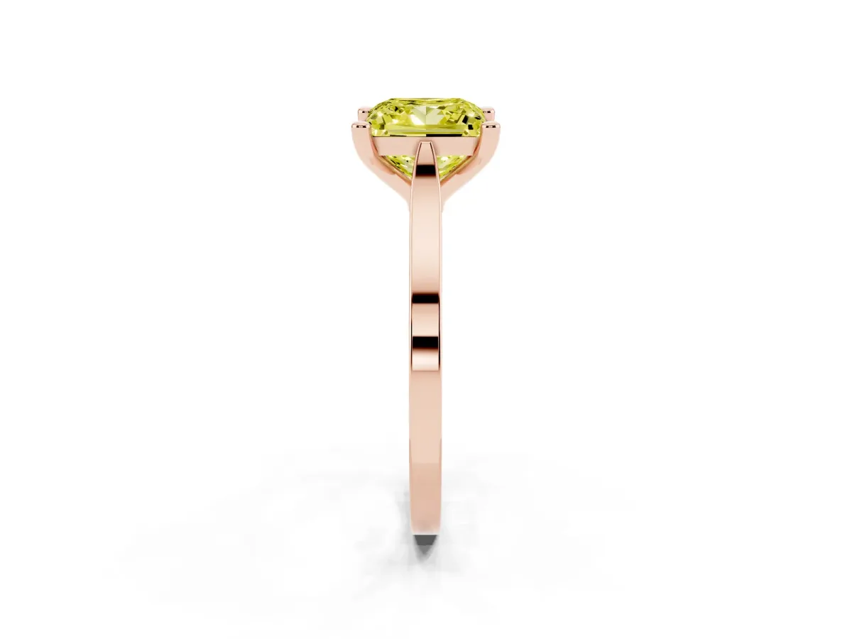 Fancy Yellow Princess Cut Solitaire Diamond Ring with Four-Prong Setting and Tapered Band Rose gold