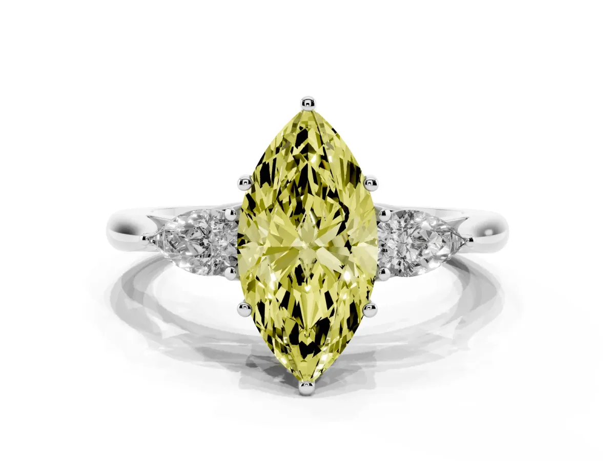 Fancy Yellow Three-Stone Marquise Cut Diamond Ring with Pear Side Stones in Four-Prong Setting Silver