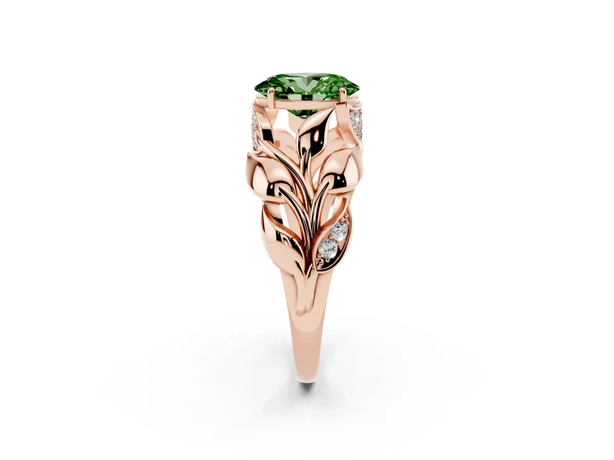 Fancy Green Oval Cut Diamond Leaf-Inspired Engagement Ring with Round Accents and Prong Setting Rose gold