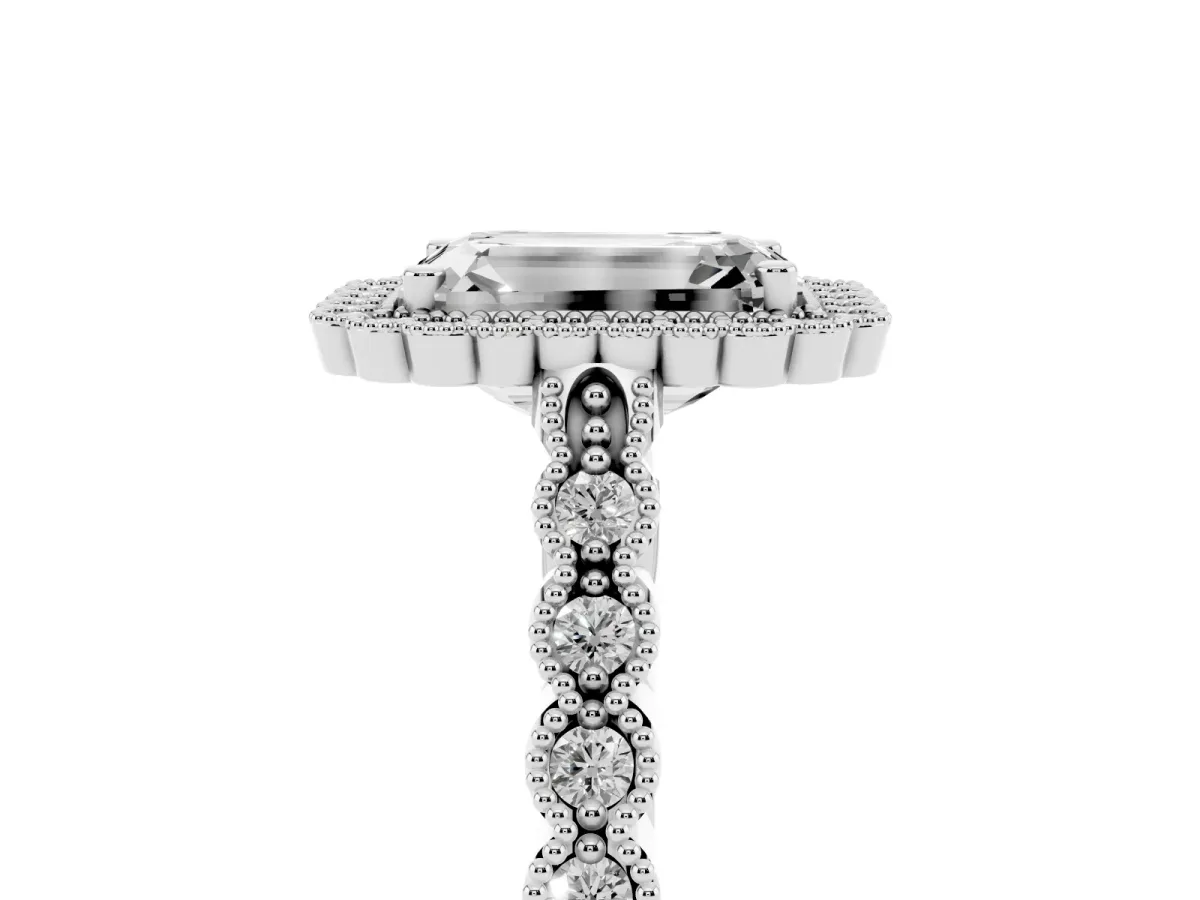Emerald Cut Cut Halo Pavé Solitaire Ring with Milgrain Band Platinum