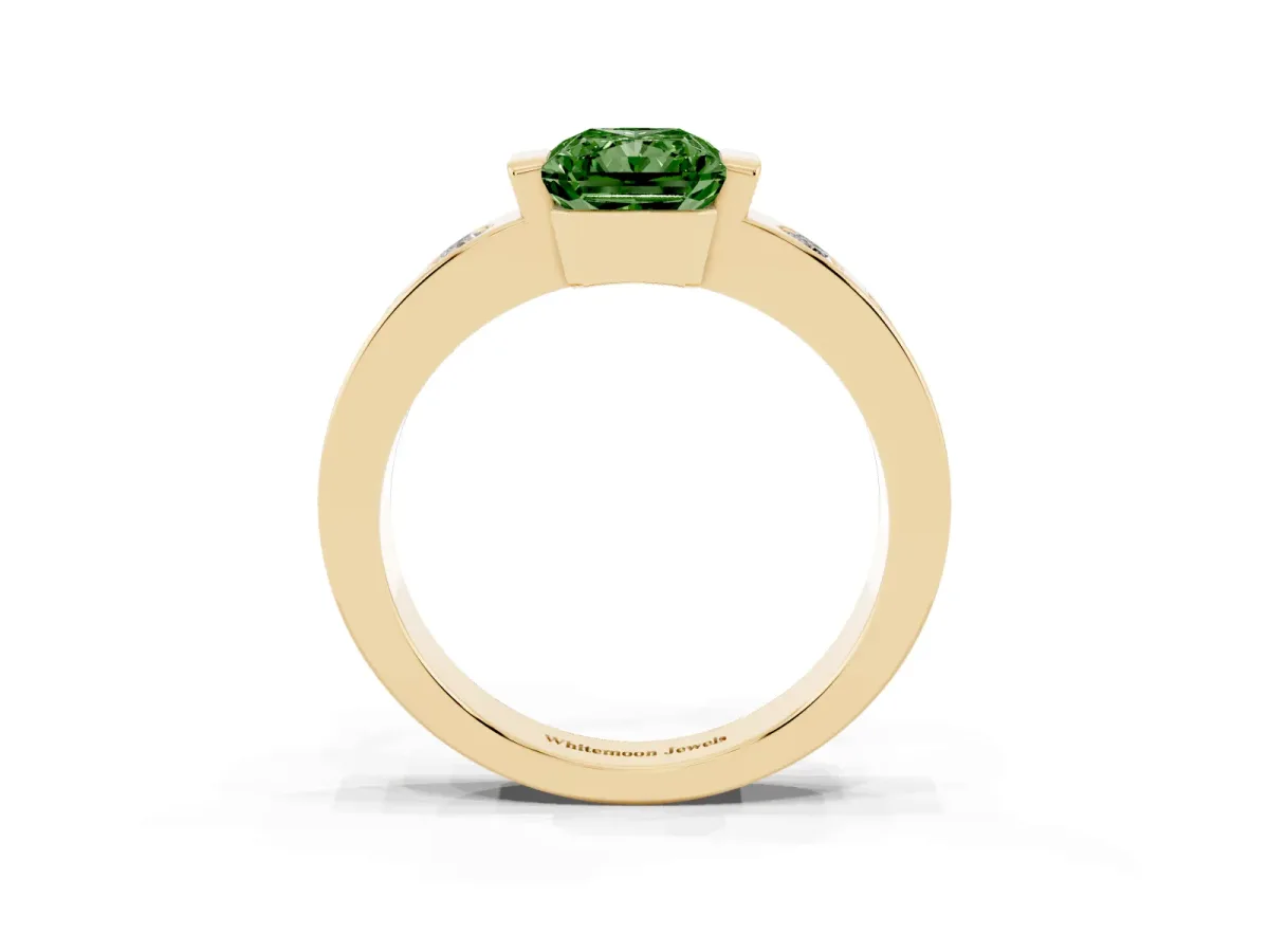 Fancy Green Radiant Cut Brilliant Channel-Set Diamond Ring with Bezel Prong Setting Yellow gold