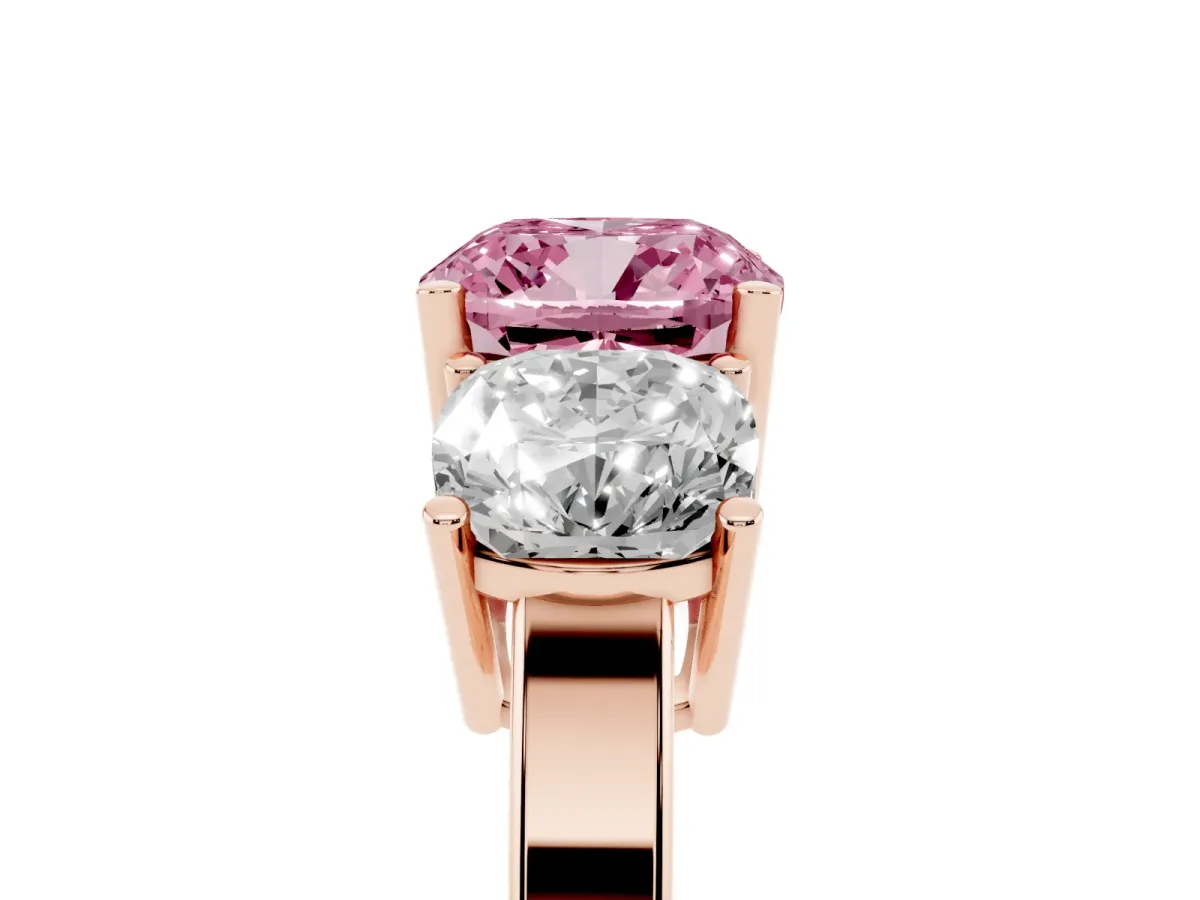Fancy Pink Three-Stone Cushion Cut Cut Diamond Engagement Ring with Flat Band and Four-Prong Setting Rose gold