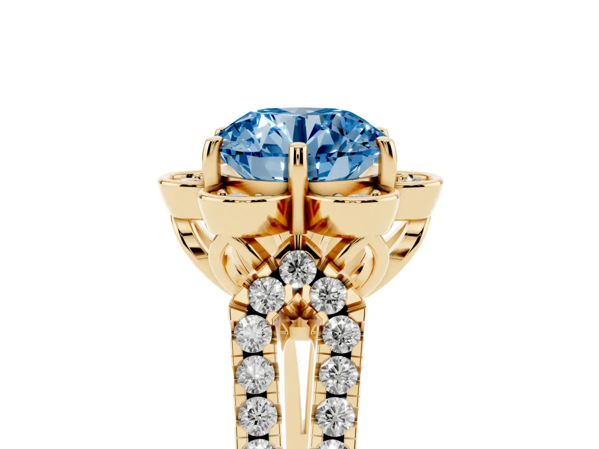 Fancy Blue Round Cut Halo Diamond Floral Split Shank Engagement Ring Yellow gold