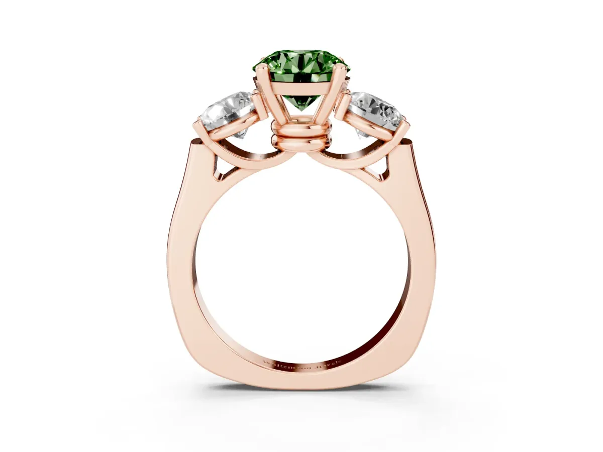 Fancy Green Three-Stone Round Cut Brilliant Diamond Trellis Ring with Comfort Fit Band Rose gold