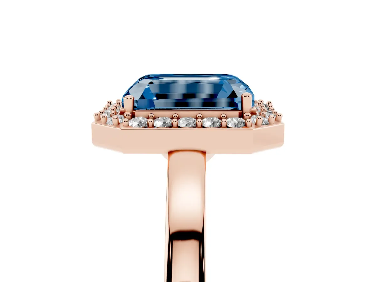 Fancy Blue Radiant Cut Halo Diamond Ring with Solitaire Band and Prong Setting Rose gold