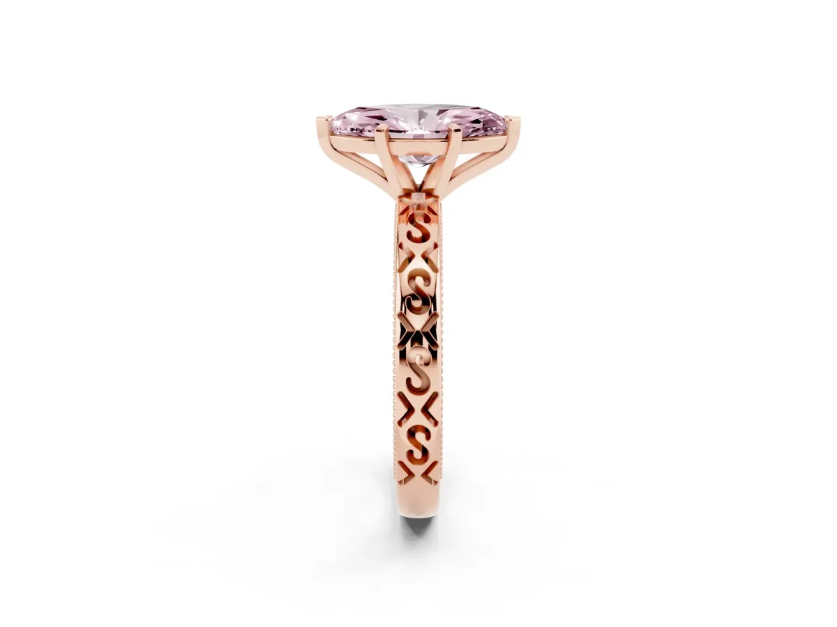Fancy Pink Marquise Cut Solitaire Engagement Ring with Scrollwork Band and Four-Prong Setting Rose gold