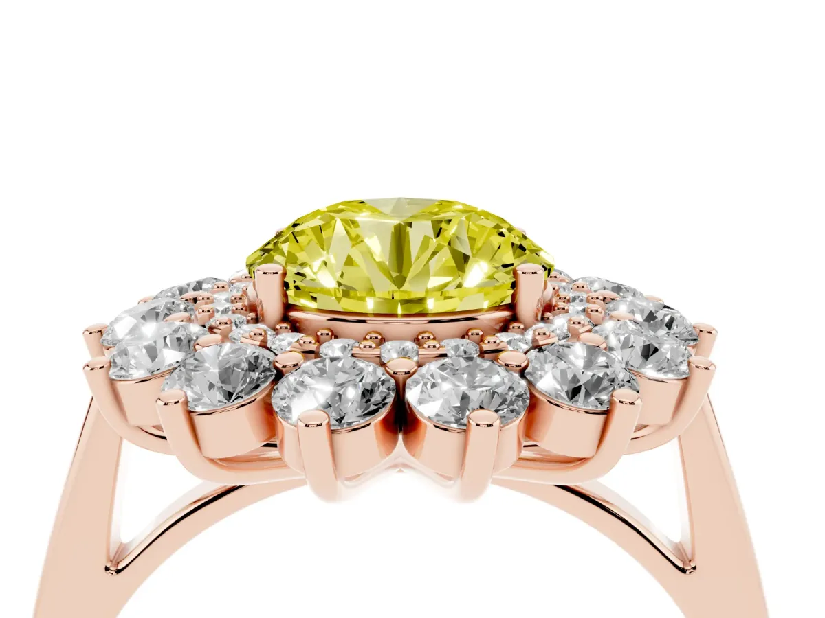 Fancy Yellow Round Cut Diamond Floral Double Halo Engagement Ring with Prong Setting Rose gold