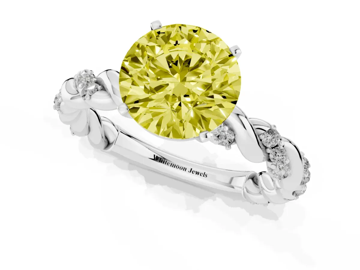Fancy Yellow Round Cut Diamond Solitaire Ring with Twisted Band and Pavé Accents Silver