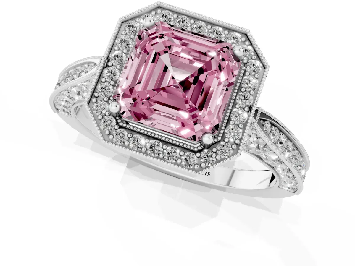 Fancy Pink Asscher Cut Halo Diamond Engagement Ring with Split Shank Band and Four-Prong Setting Platinum