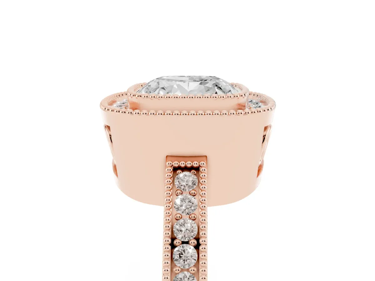 Cushion Cut Cut Halo Diamond Ring with Pavé Band and Milgrain Prong Setting Rose gold