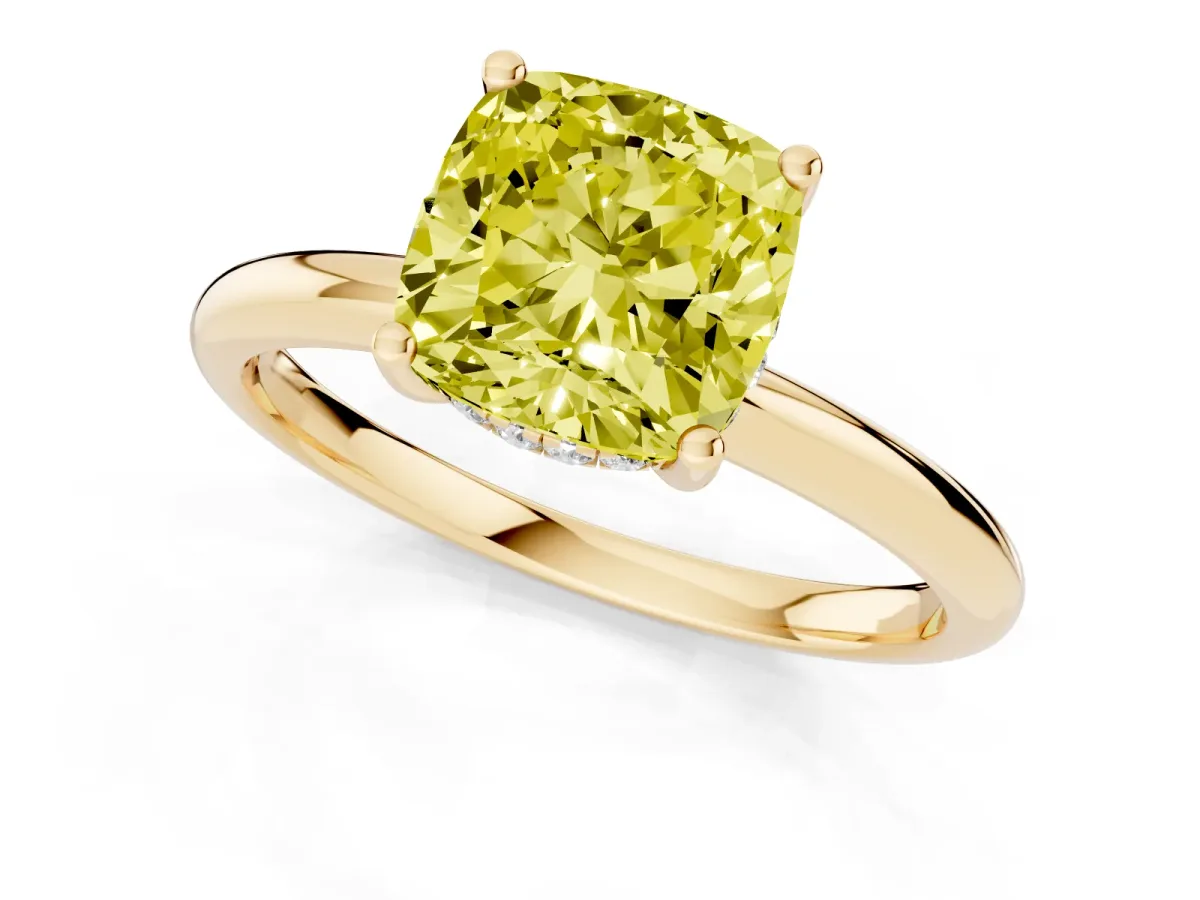 Fancy Yellow Cushion Cut Cut Solitaire Engagement Ring with Four-Prong Setting and Classic Band Yellow gold