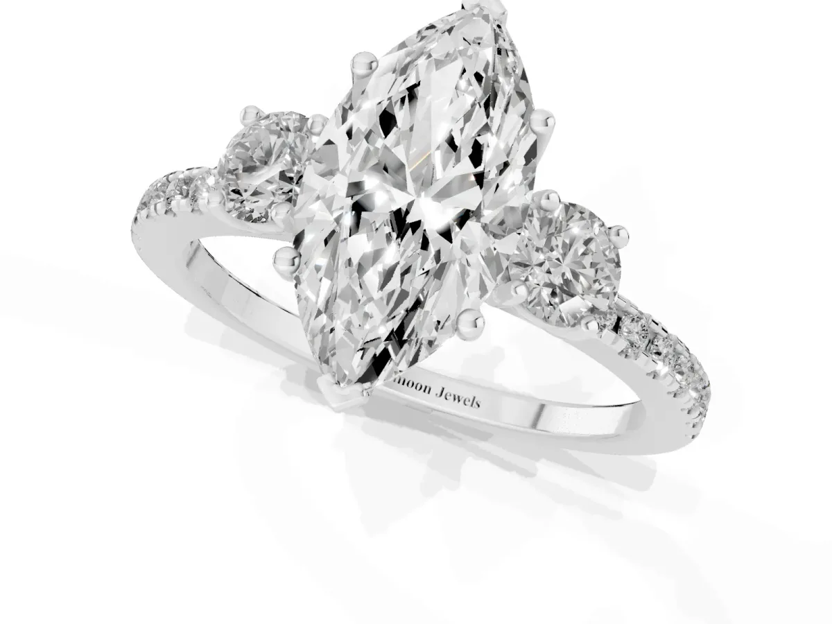 Three-Stone Marquise Cut Cut Diamond Pavé Band with Prong Setting Silver