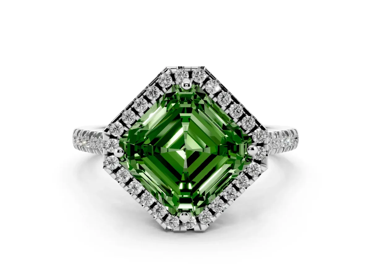 Fancy Green Asscher Cut Diamond Cushion Halo Ring with Pavé Band White gold