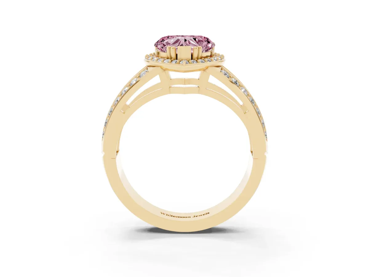 Fancy Pink Heart Cut Diamond Halo Ring with Split Shank Pavé Band and Four-Prong Setting Yellow gold