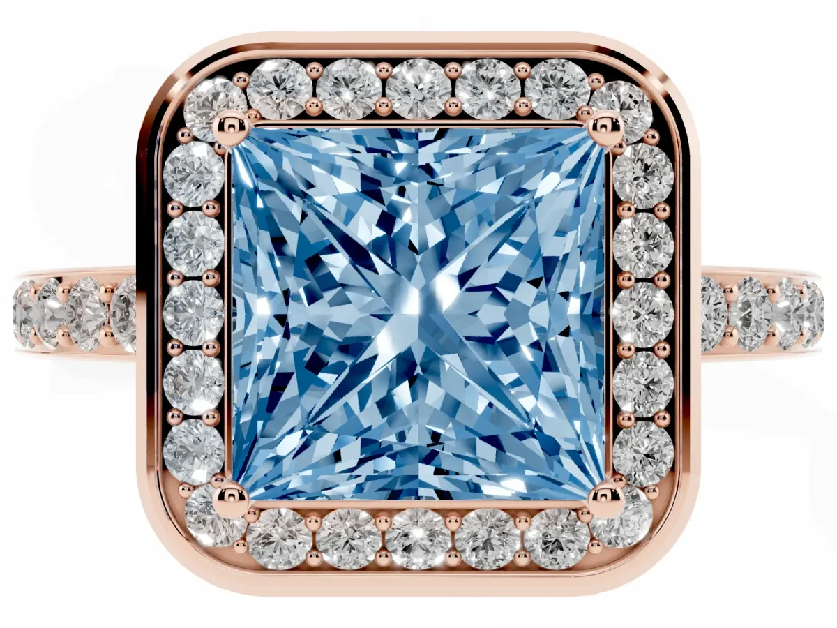 Fancy Blue Princess Cut Diamond Halo Ring with Bezel Frame and Pavé Band Rose gold