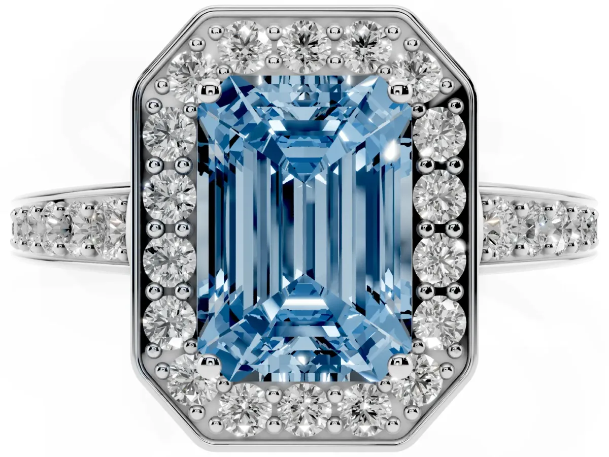 Fancy Blue Emerald Cut Halo Pavé Diamond Engagement Ring with Bezel Setting White gold