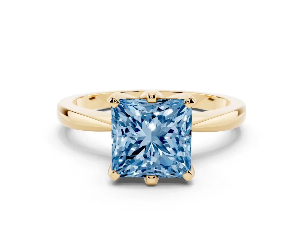 Fancy Blue Princess Cut Solitaire Engagement Ring with Six-Prong Setting and Tapered Band Yellow gold