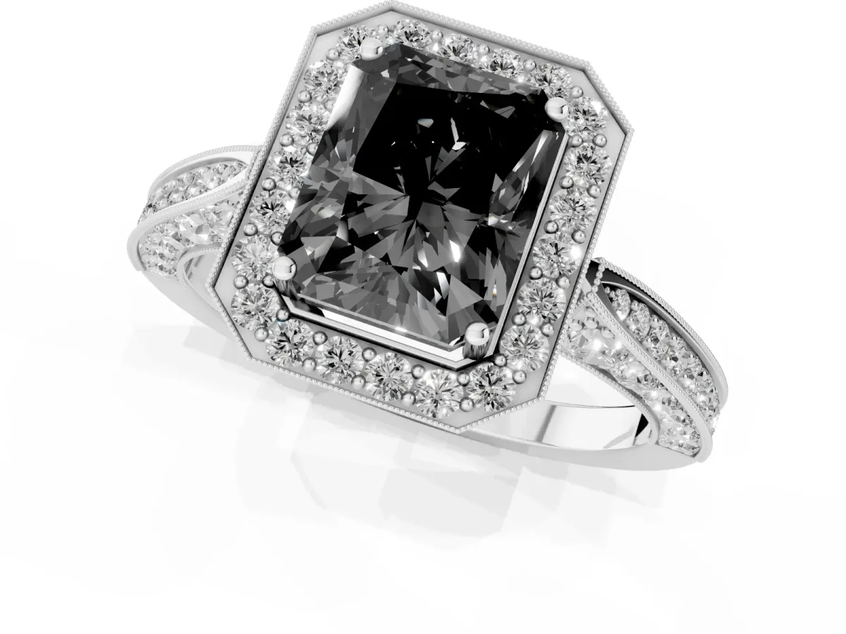 Fancy Black Radiant Cut Halo Diamond Engagement Ring with Split Shank Band and Four-Prong Setting Silver