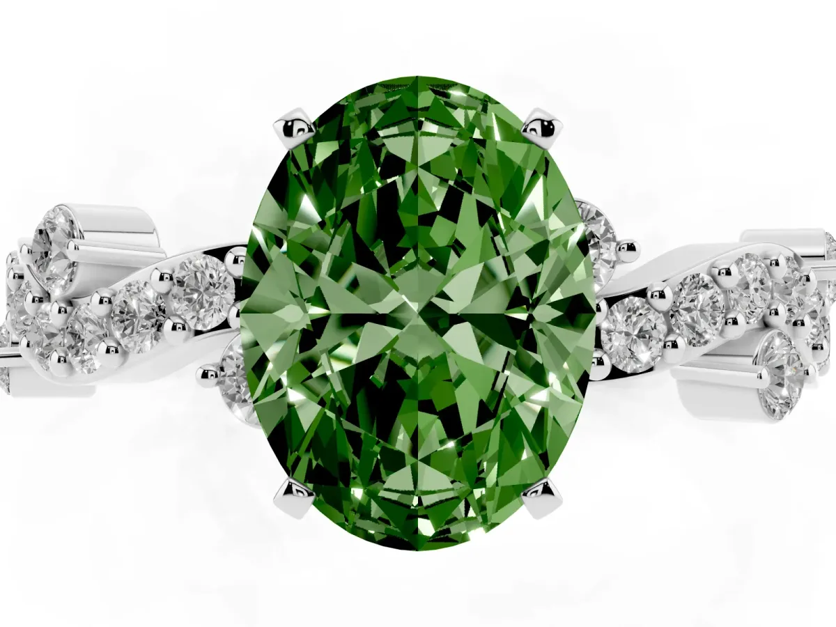 Fancy Green Oval Cut Cut Solitaire Diamond Twisted Band with Pave Setting Platinum
