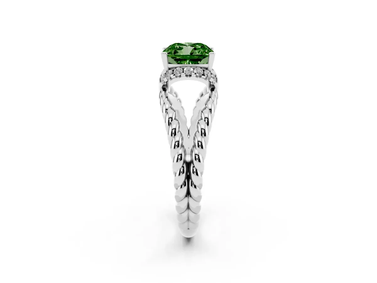 Fancy Green Cushion Cut Halo Twisted Band Four-Prong Ring Silver