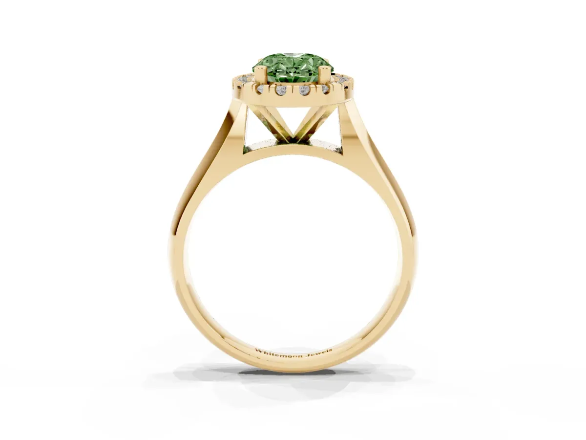 Fancy Green Oval Cut Cut Halo Solitaire Engagement Ring with Square Band and Four-Prong Setting Yellow gold