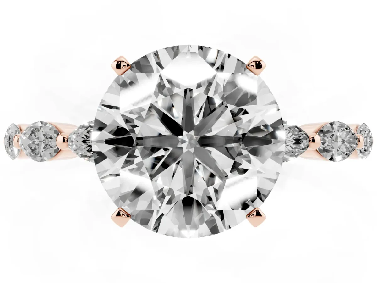 Round Cut Diamond Ring with Marquise Side Stones and Prong Setting Rose gold
