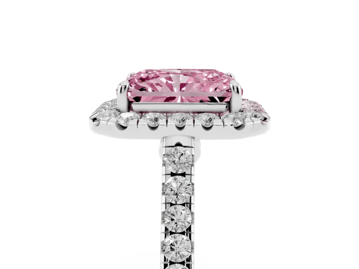 Fancy Pink Radiant Cut Halo Pave Diamond Engagement Ring with Four-Prong Setting Platinum