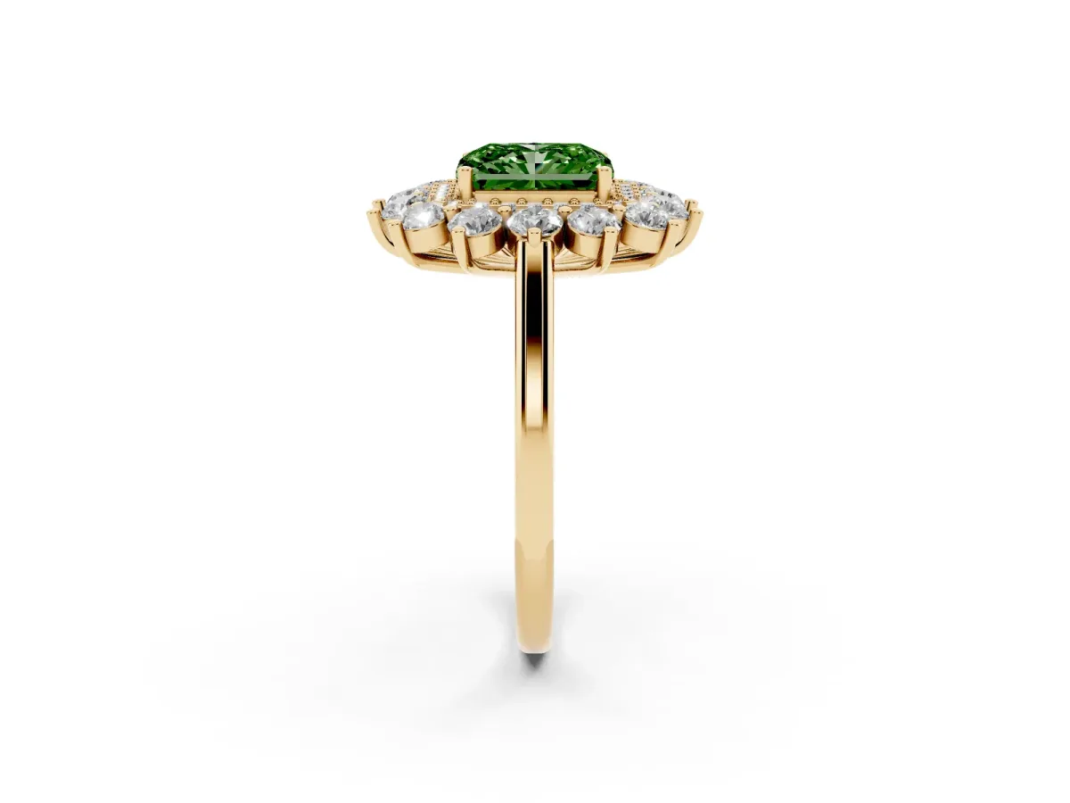 Fancy Green Radiant Cut Diamond Floral Double Halo Engagement Ring with Prong Setting Yellow gold