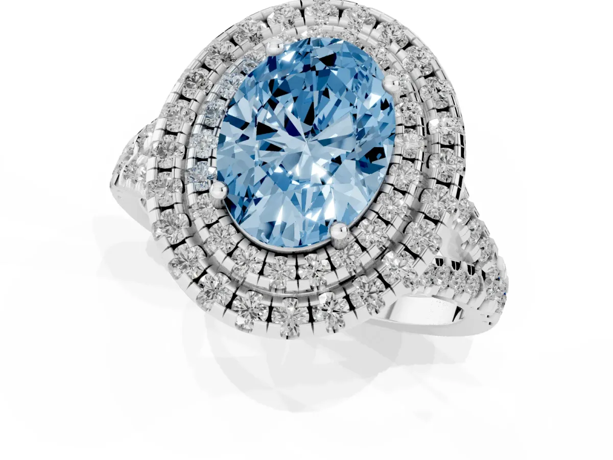 Fancy Blue Double Halo Oval Cut Diamond Pavé Split Shank Ring with Prong Setting White gold