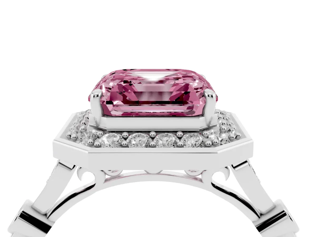 Fancy Pink Asscher Cut Halo Diamond Engagement Ring with Twisted Band and Four-Prong Setting White gold