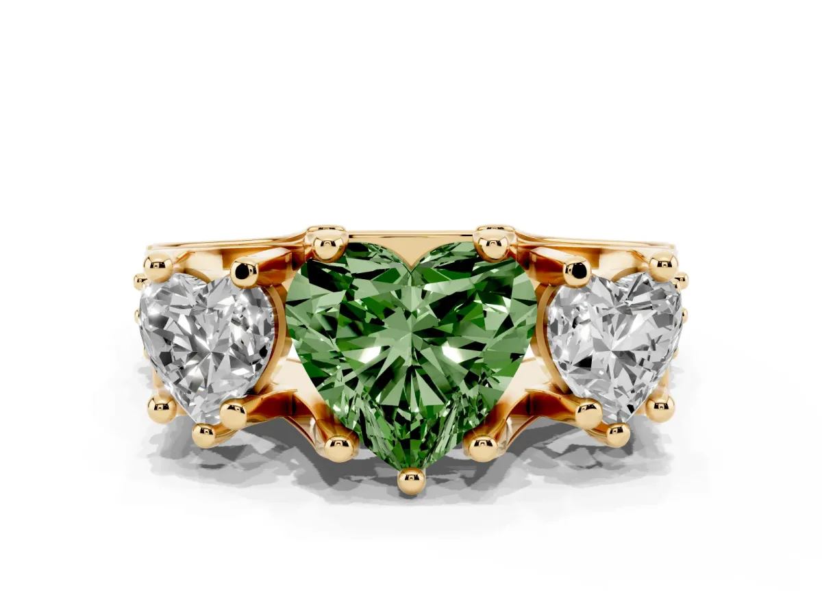 Fancy Green Heart Cut Diamond Three-Stone Ring with Channel Set Band and Four-Prong Setting Yellow gold
