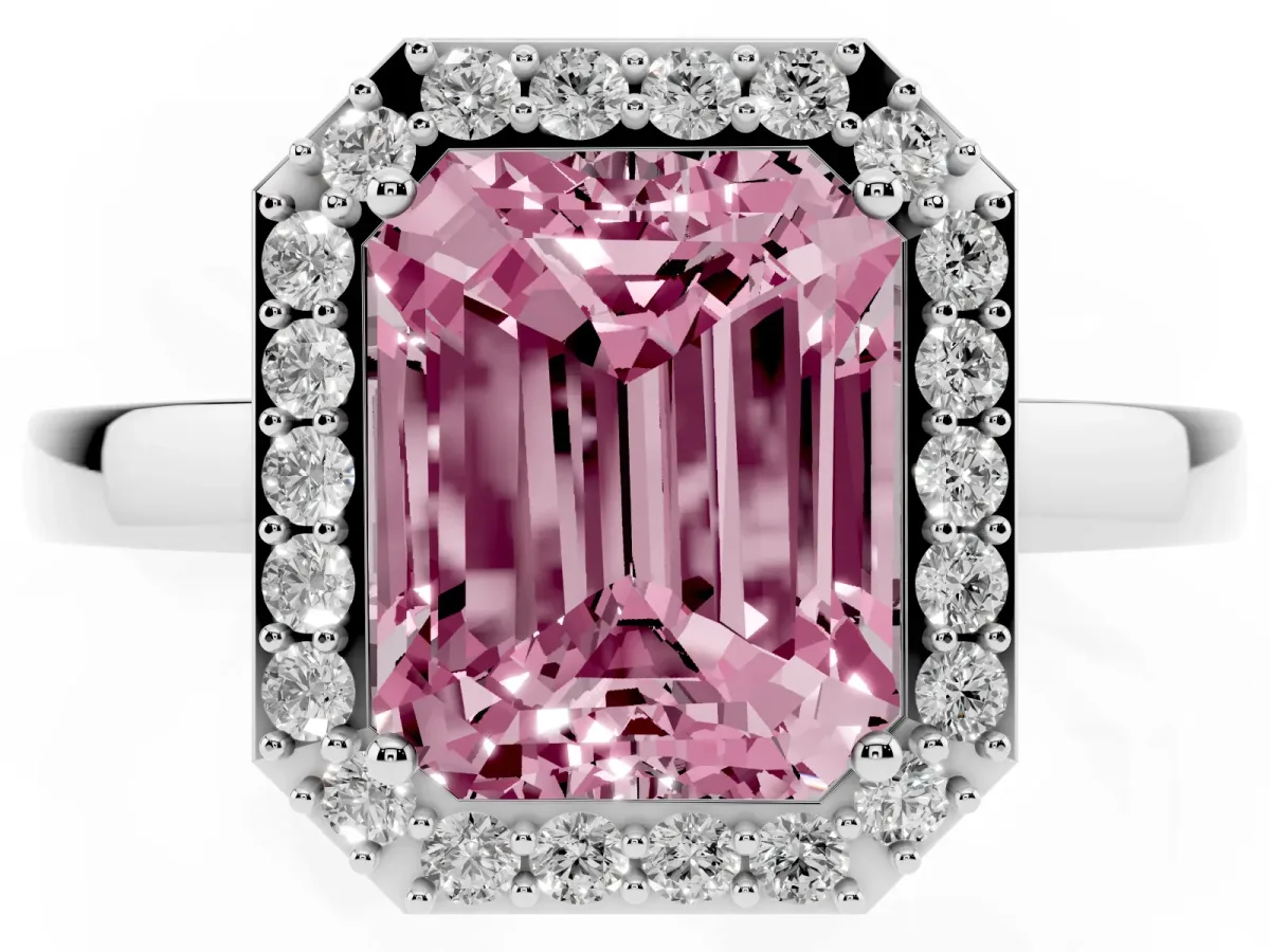 Fancy Pink Radiant Cut Halo Diamond Ring with Solitaire Band and Prong Setting Platinum