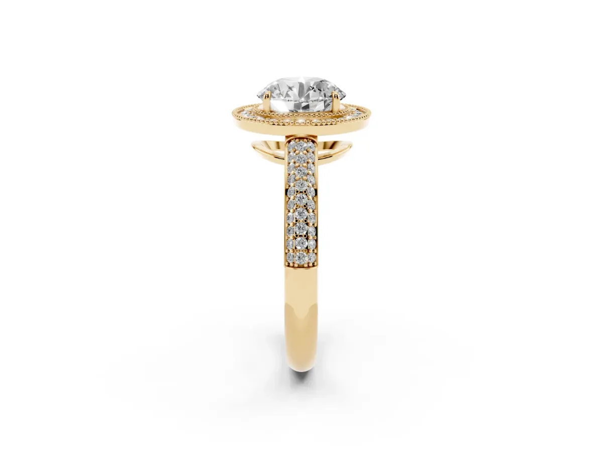 Round Cut Cut Halo Diamond Pave Band with Four-Prong Setting Yellow gold