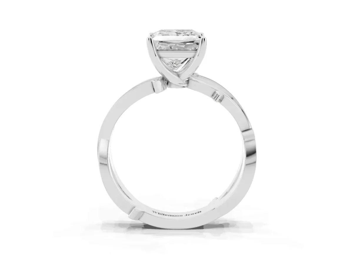 Princess Cut Solitaire Twist Band with Pavé Accents and Four-Prong Setting White gold
