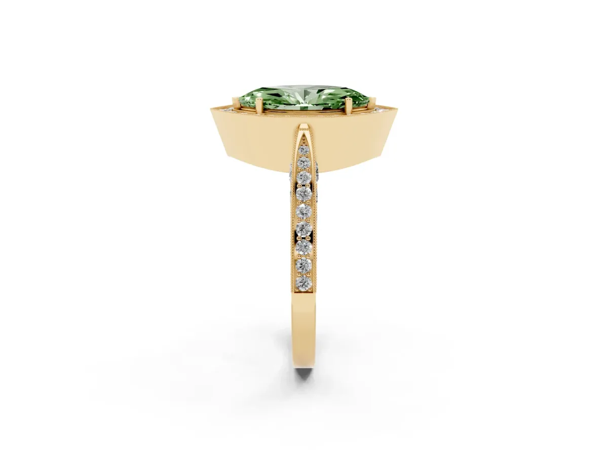 Fancy Green Marquise Cut Halo Diamond Engagement Ring with Split Shank Band and Four-Prong Setting Yellow gold