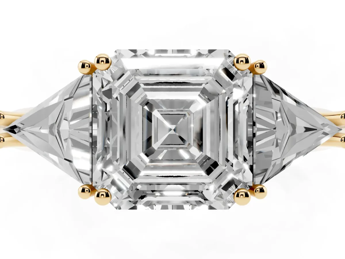 Three-Stone Asscher Cut Diamond Engagement Ring with Trillion Side Stones and Prong Setting Yellow gold