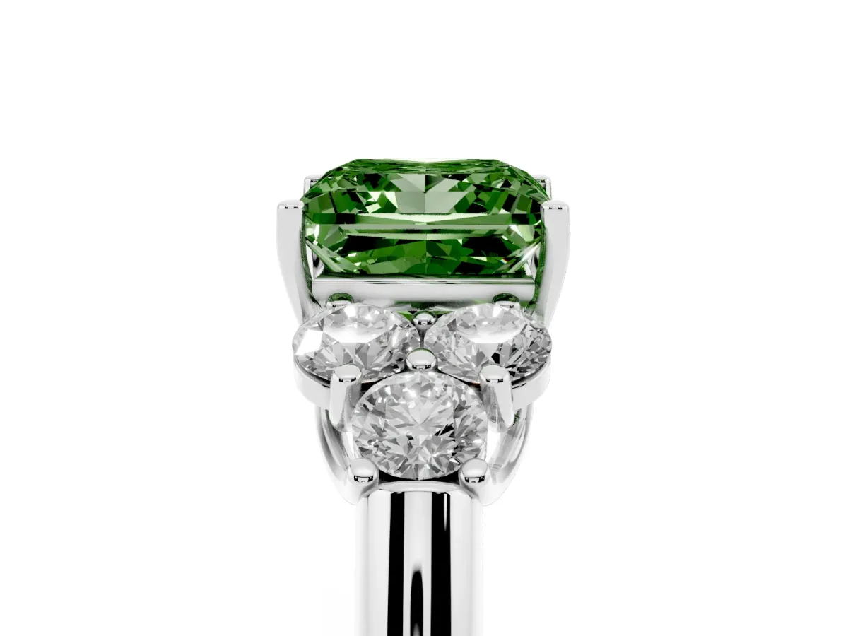 Fancy Green Princess Cut Cut Diamond Cluster Ring with Round Accent Stones and Prong Setting on a Classic Band White gold
