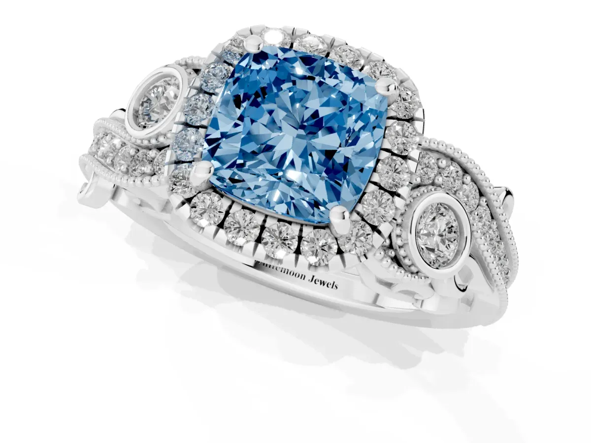 Fancy Blue Cushion Cut Diamond Halo Ring with Milgrain Pavé Band and Four-Prong Setting Platinum