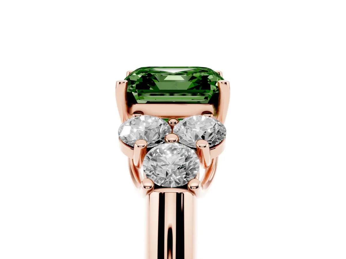 Fancy Green Asscher Cut Cut Diamond Cluster Ring with Round Accent Stones and Prong Setting on a Classic Band Rose gold