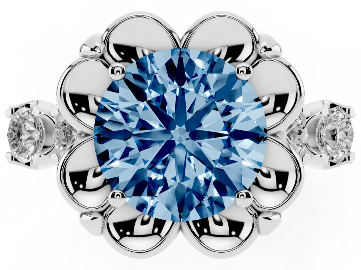 Fancy Blue Round Cut Cut Diamond Floral Halo Engagement Ring with Shared Prong Setting Silver