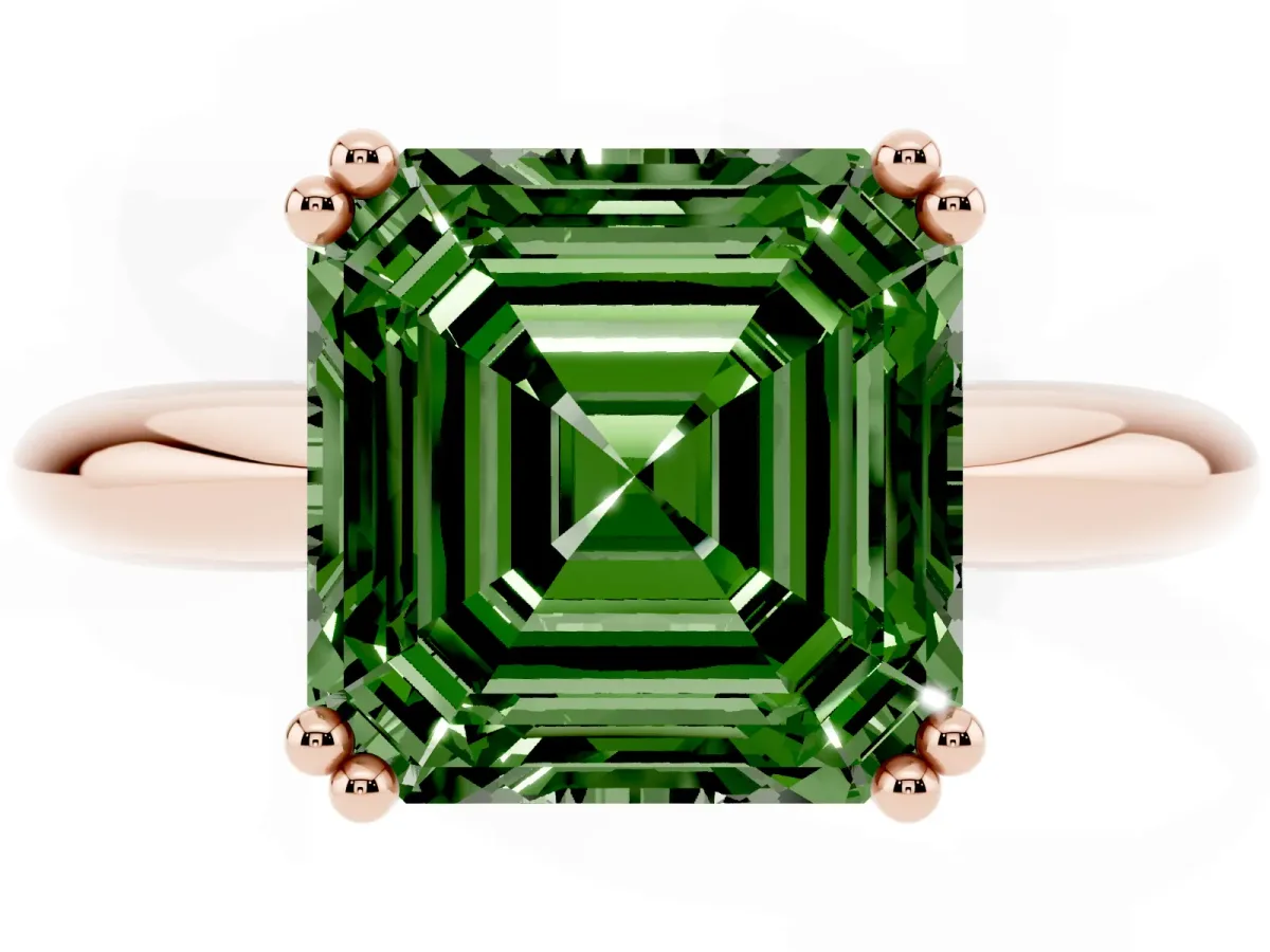 Fancy Green Asscher Cut Cut Solitaire Engagement Ring with Tapered Band and Four-Prong Setting Rose gold