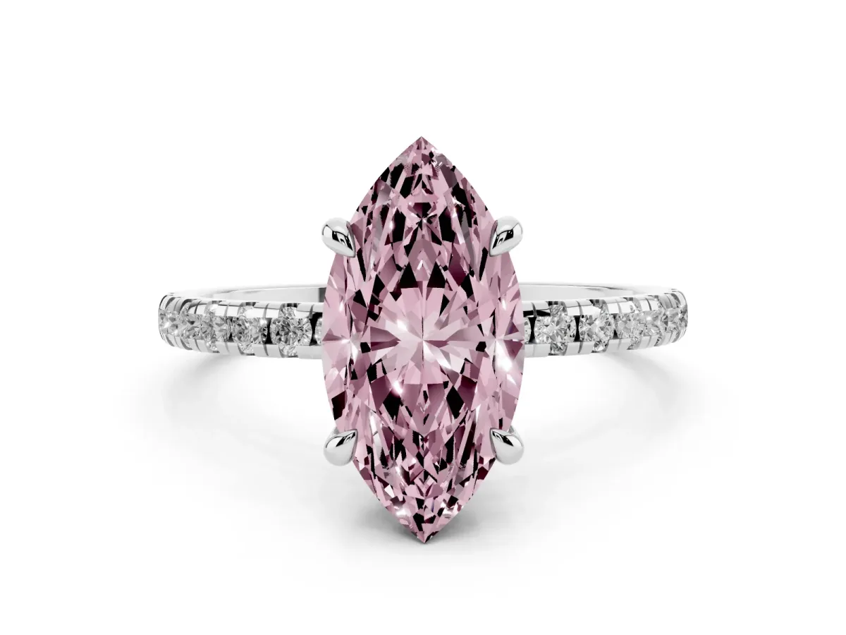 Fancy Pink Marquise Cut Diamond Brilliant Solitaire Ring with Pavé Band and Four-Prong Setting Platinum