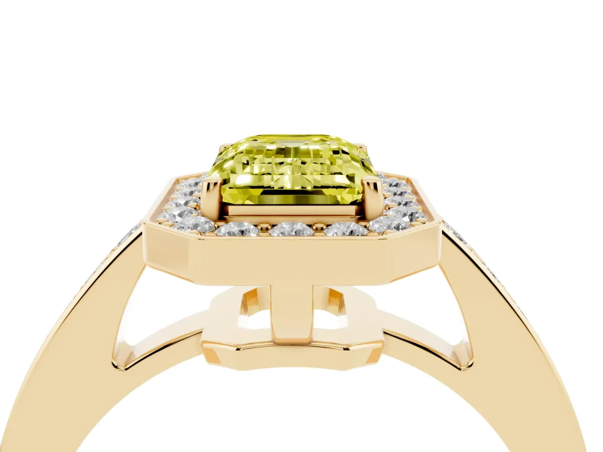 Fancy Yellow Emerald Cut Halo Pavé Diamond Engagement Ring with Bezel Setting Yellow gold