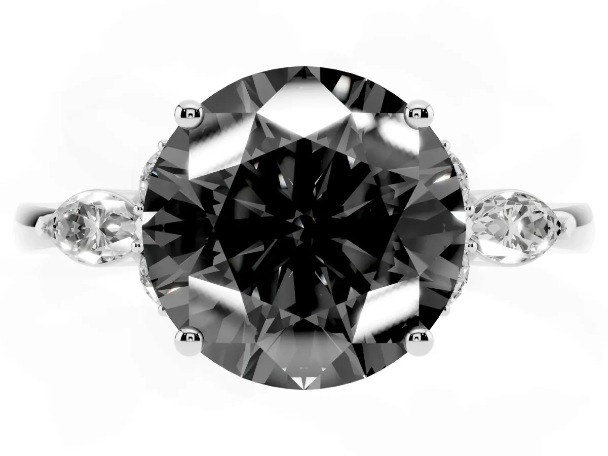 Fancy Black Round Cut Brilliant Diamond Solitaire Ring with Pear Side Stones and Four-Prong Setting Platinum