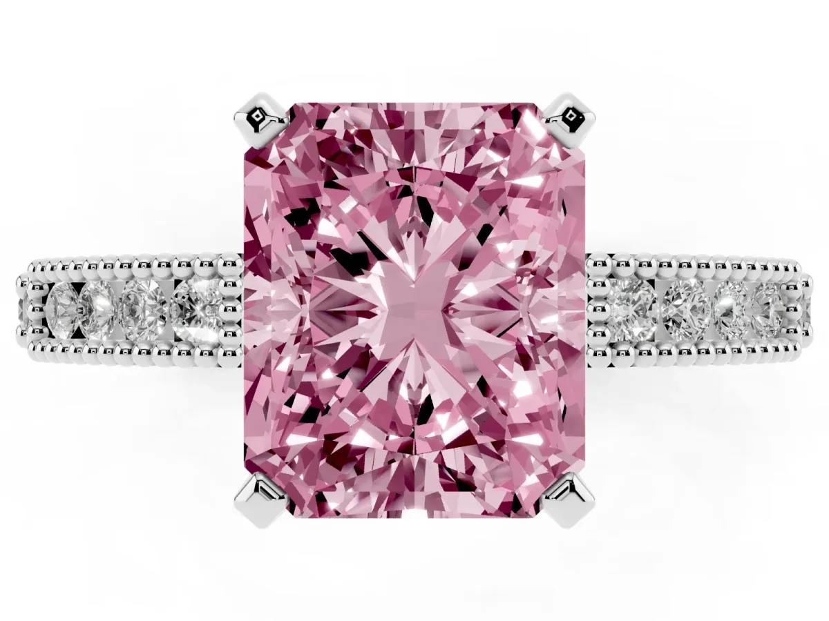 Fancy Pink Radiant Cut Solitaire with Pavé Band and Four-Prong Setting Silver